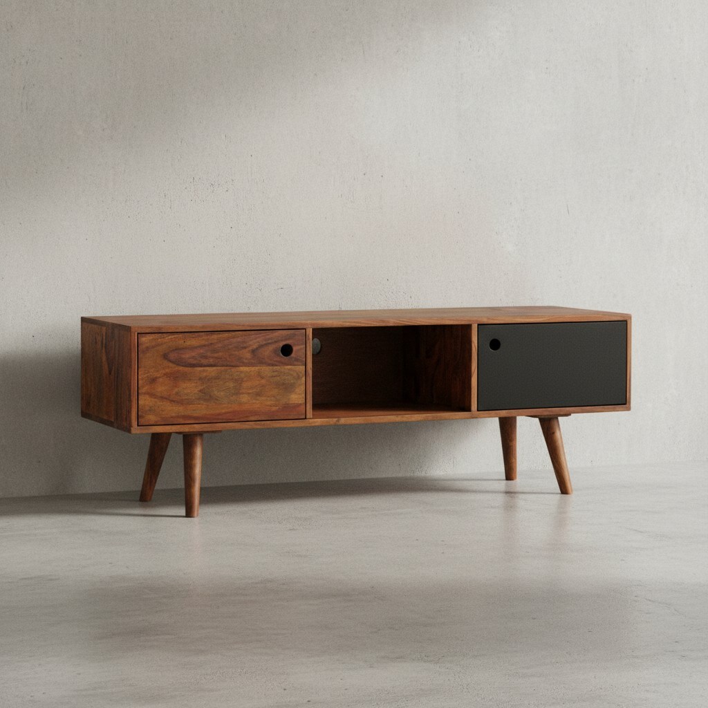 KADIMA DESIGN TV-Lowboard SAVIO: Rustikale Landhaus-Optik, Massivholz Sheesham, Viel Stauraum, Einzigartige Maserung