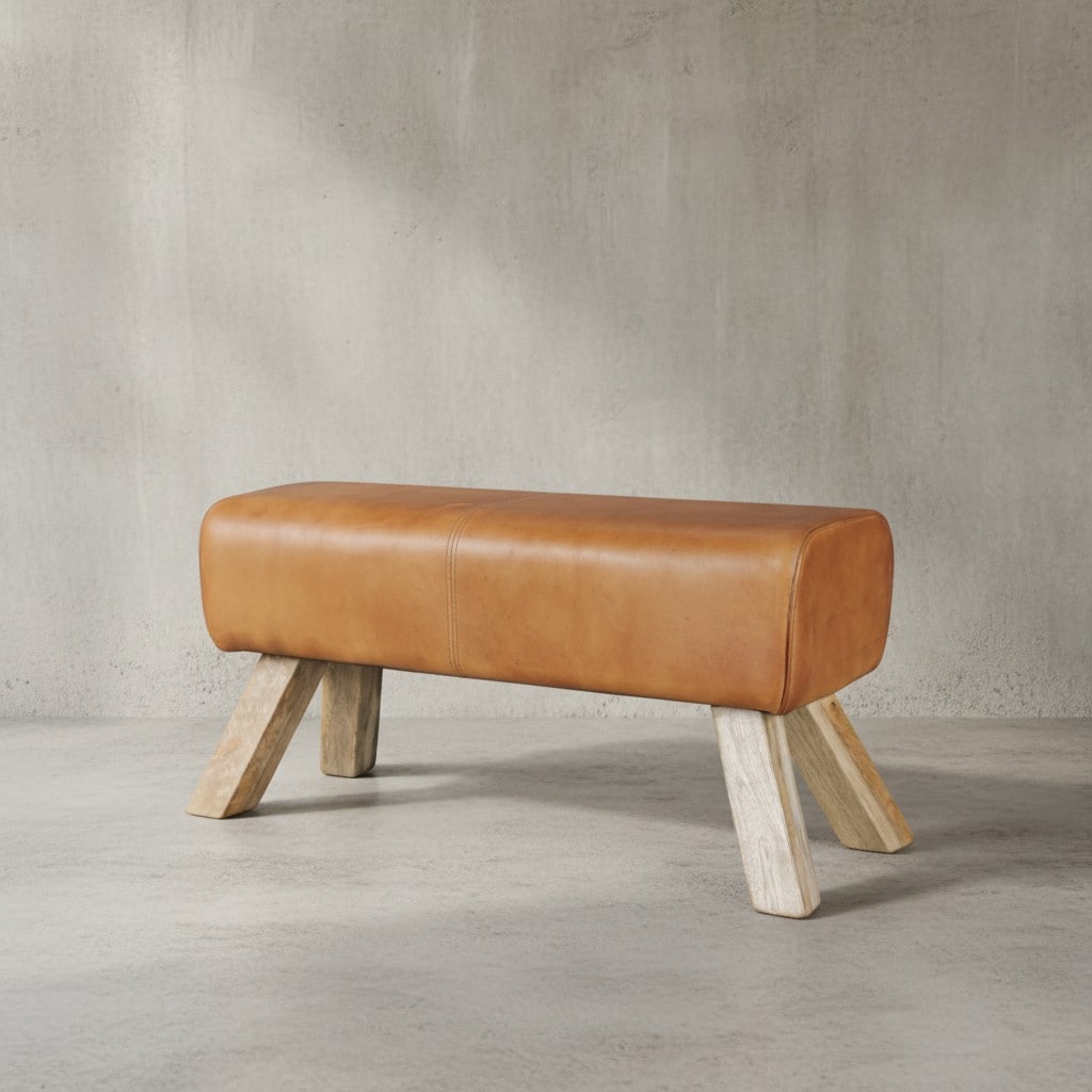 KADIMA DESIGN Sportlicher Sitzhocker, Braun, Leder, Mango-Holz, 90x30x43 cm - Modern & Stabil