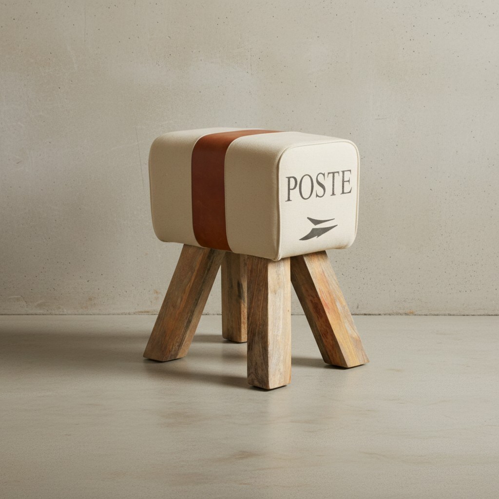 KADIMA DESIGN Retro Sitzhocker Canzas, Baumwollgewebe/Ziegenleder, 40x47x30 cm - Stilvoll & Robust