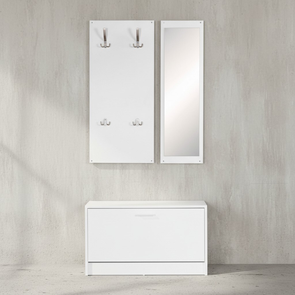 KADIMA DESIGN Wandgarderobe DELFT mit Spiegel: Weiß, Platz für 8 Paar Schuhe, 10 Metallhaken, Melaminharzbeschichtung