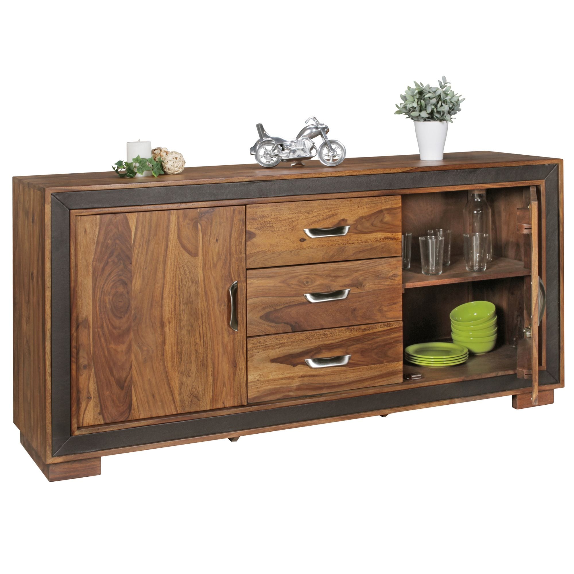 KADIMA DESIGN Rustikales Sideboard, Sheesham Massivholz, Kunstleder, 160x44x80 cm - Bild 1