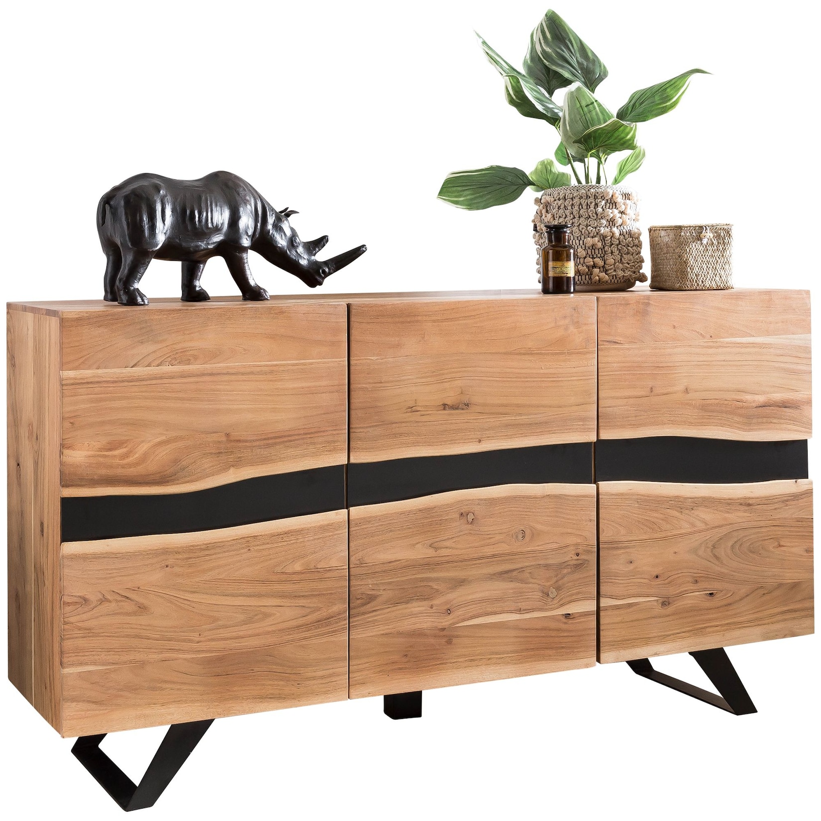 KADIMA DESIGN Massiv-Holz Akazie Sideboard, 148x85x43 cm, Natur Baumkante, Landhaus-Stil
