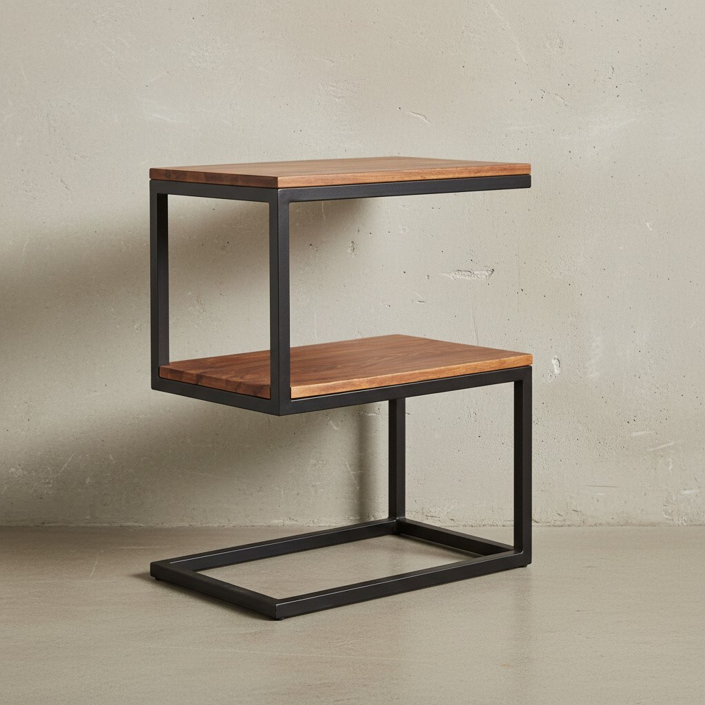 KADIMA DESIGN Beistelltisch Massivholz INDI: S-Design, Schwarz/Metallgestell, 2 Ablagefl&auml;chen - Bild 1