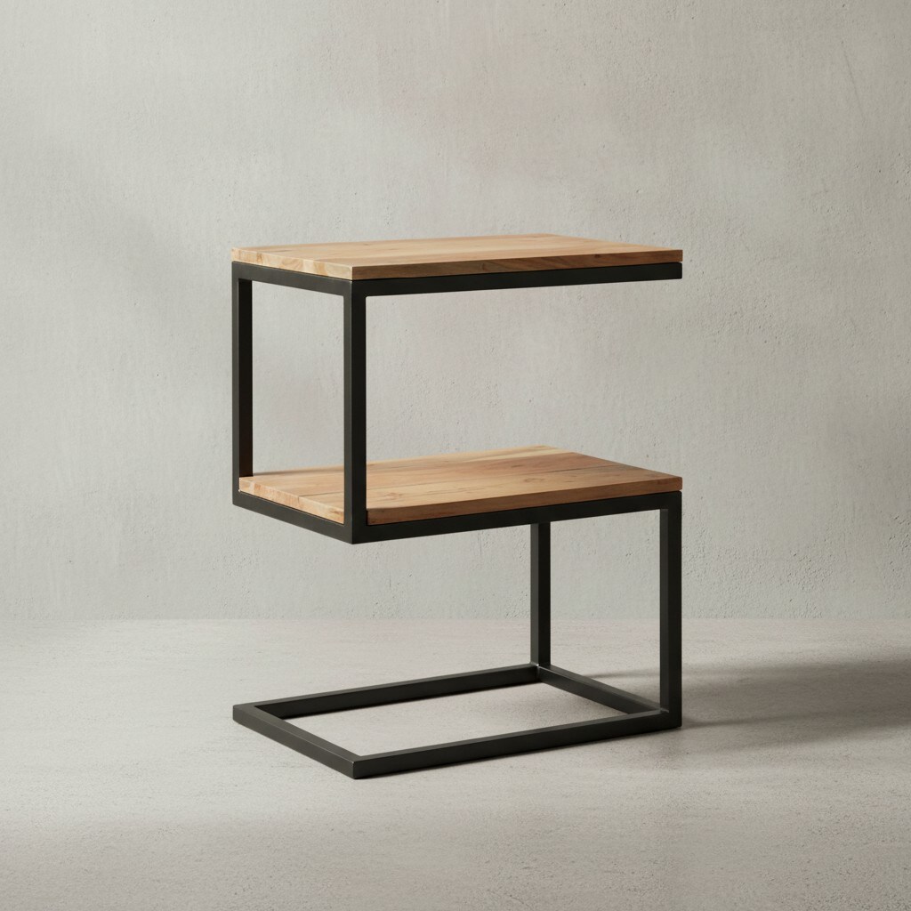 KADIMA DESIGN Beistelltisch Massivholz INDI: S-Design, Schwarz/Metallgestell, 2 Ablageflächen