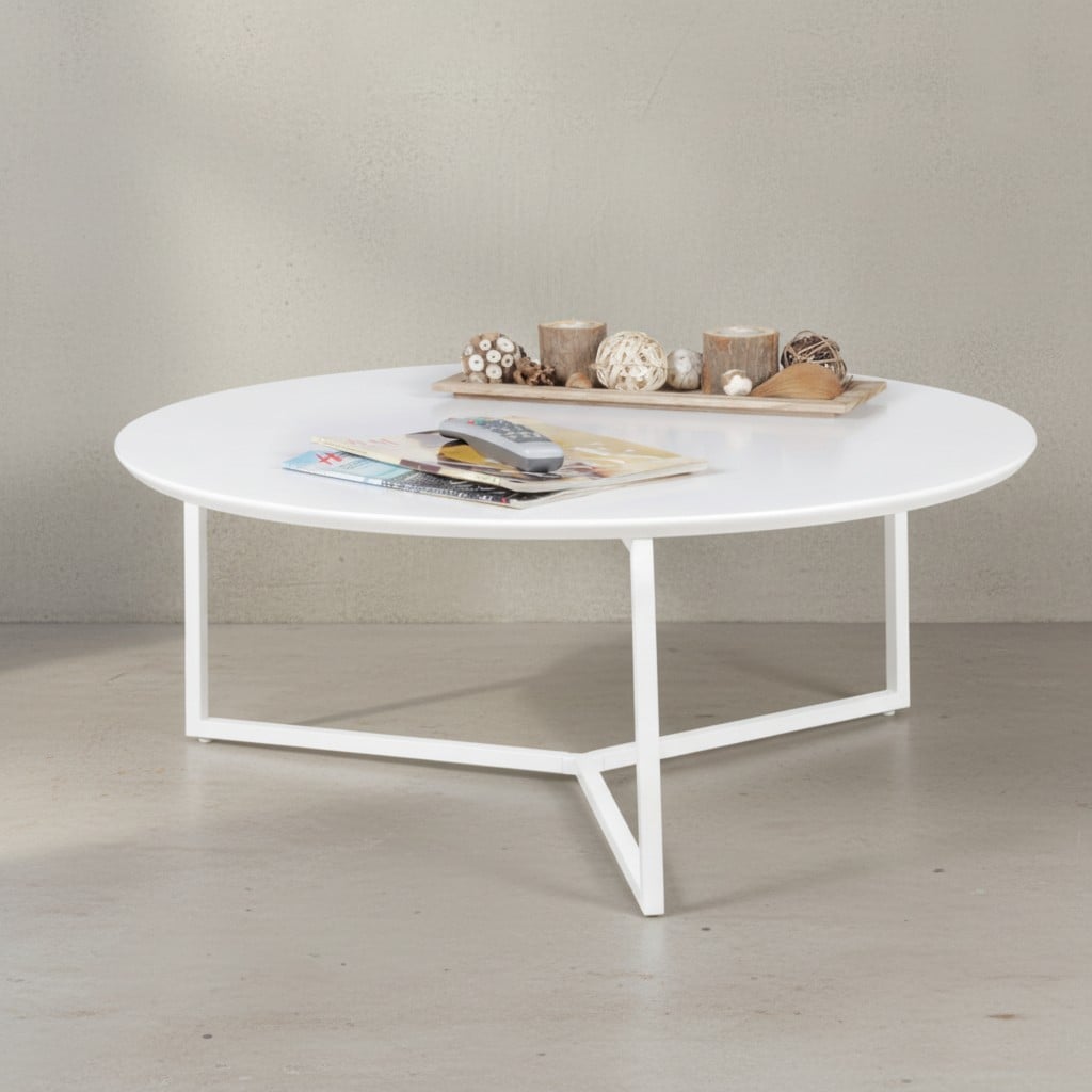KADIMA DESIGN Runder Couchtisch aus weißem MDF-Holz, Metall-Beingestell, Ø 80 cm, Höhe 33 cm.