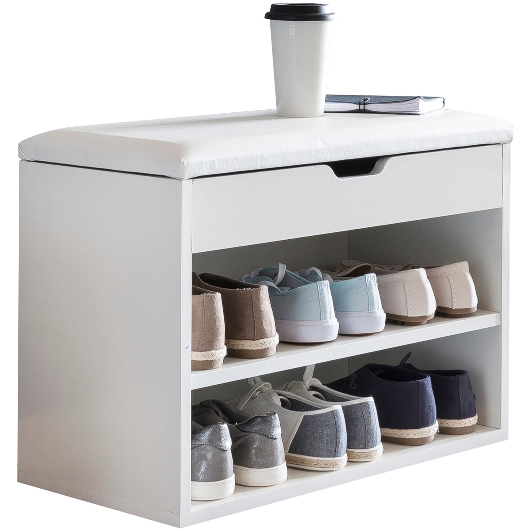 KADIMA DESIGN Schuhbank CIGNO mit Stauraum: Gepolsterter Kunstlederbezug, Wei&szlig;/Sonoma Eiche, Melaminharzbeschichtung - Bild 1