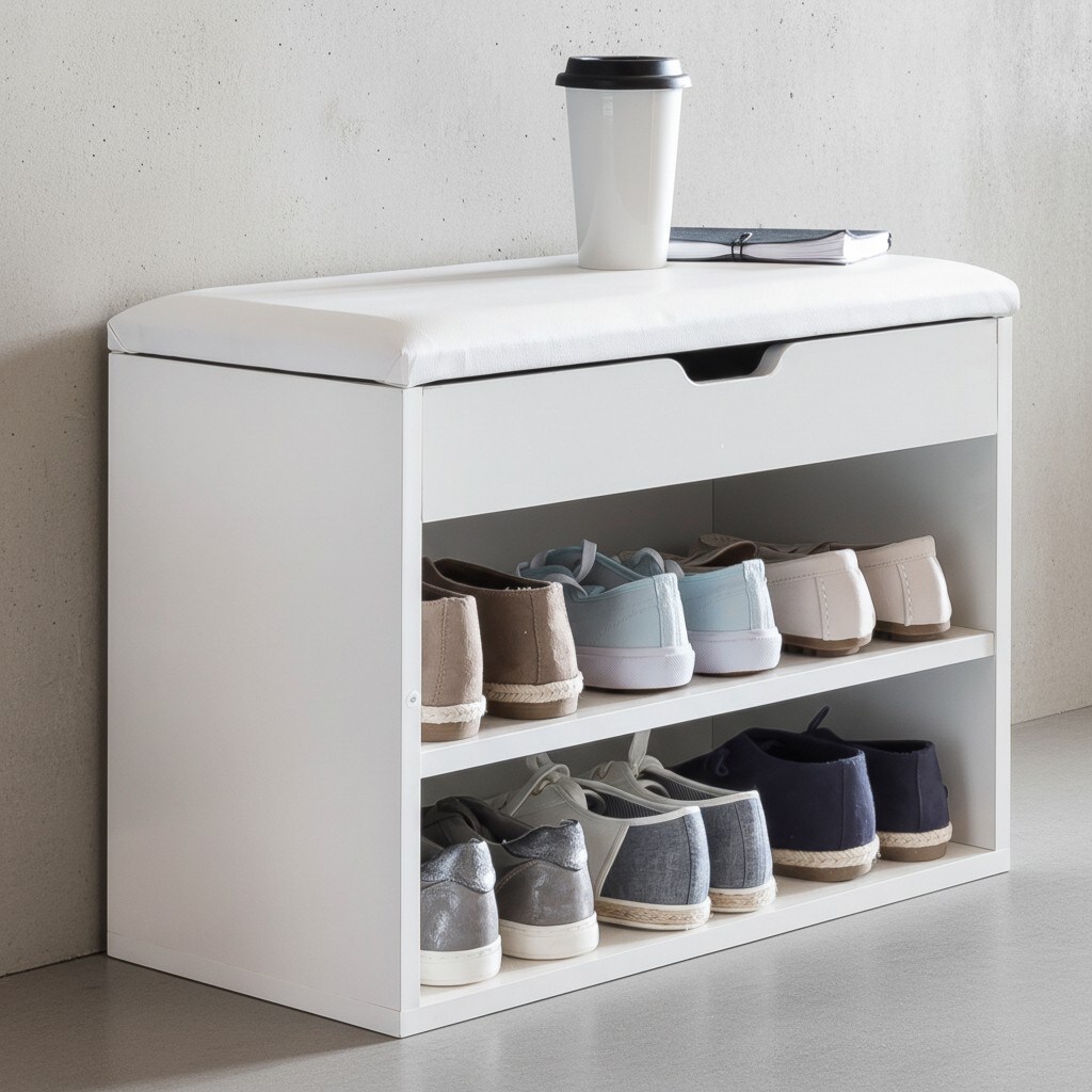 KADIMA DESIGN Schuhbank CIGNO mit Stauraum: Gepolsterter Kunstlederbezug, Weiß/Sonoma Eiche, Melaminharzbeschichtung