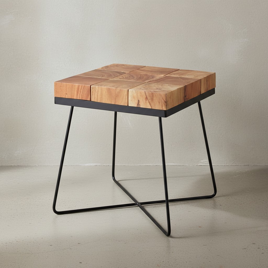 KADIMA DESIGN Quadratischer Beistelltisch Akazie, Industrial-Style, Massivholz, Metallgestell.