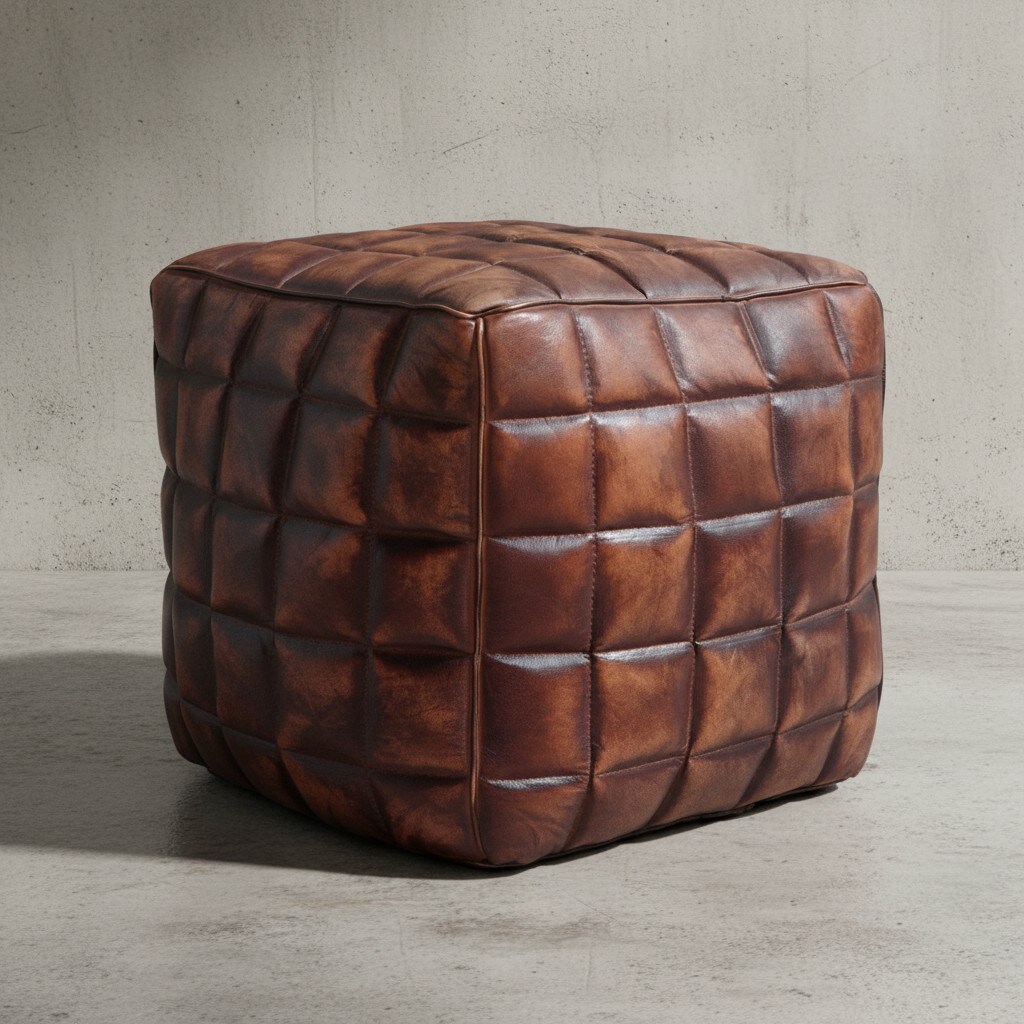 KADIMA DESIGN Echtleder Sitzhocker, abgesteppte Quadrate, Braun, Used-Look, 41x39x39 cm.