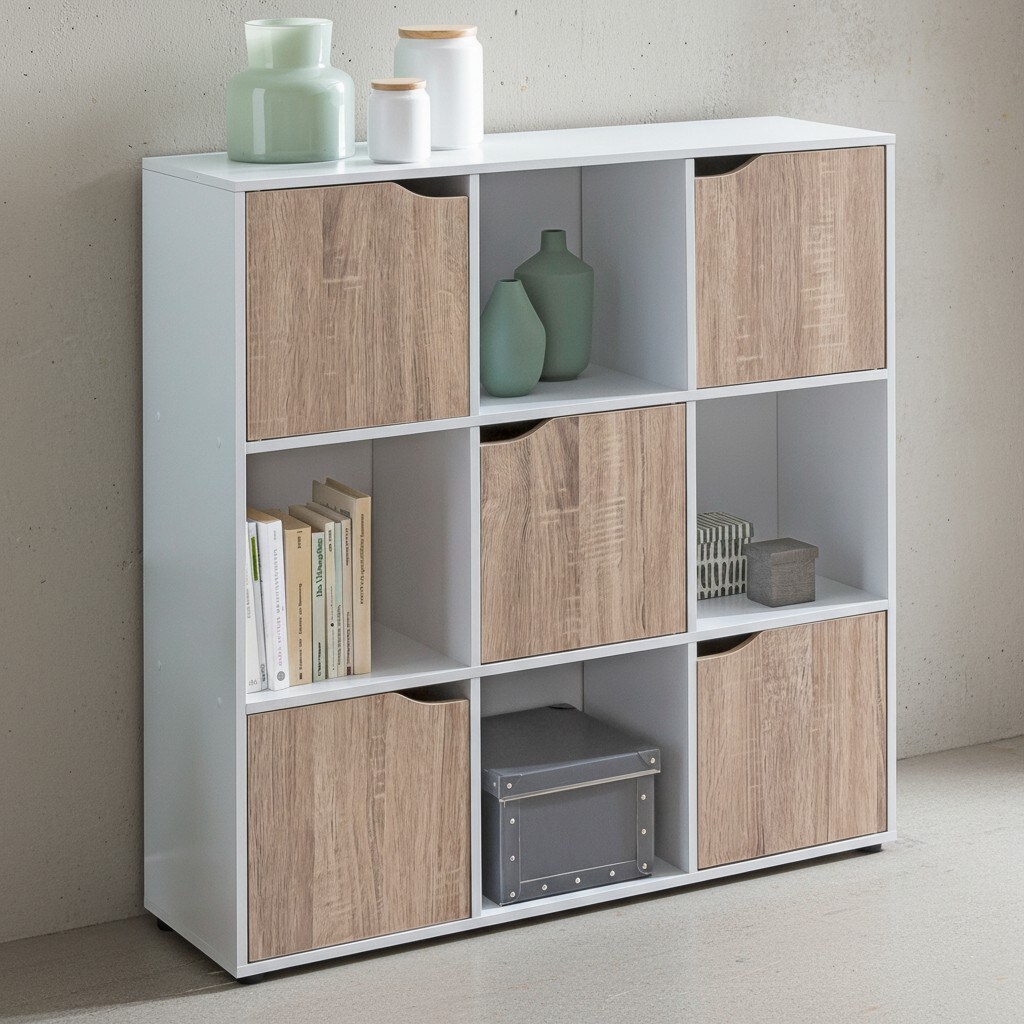 KADIMA DESIGN Standregal mit 9 Fächern, Weiß/Sonoma, Stauraum für Bücher/Dekoration, 89x91x29 cm.