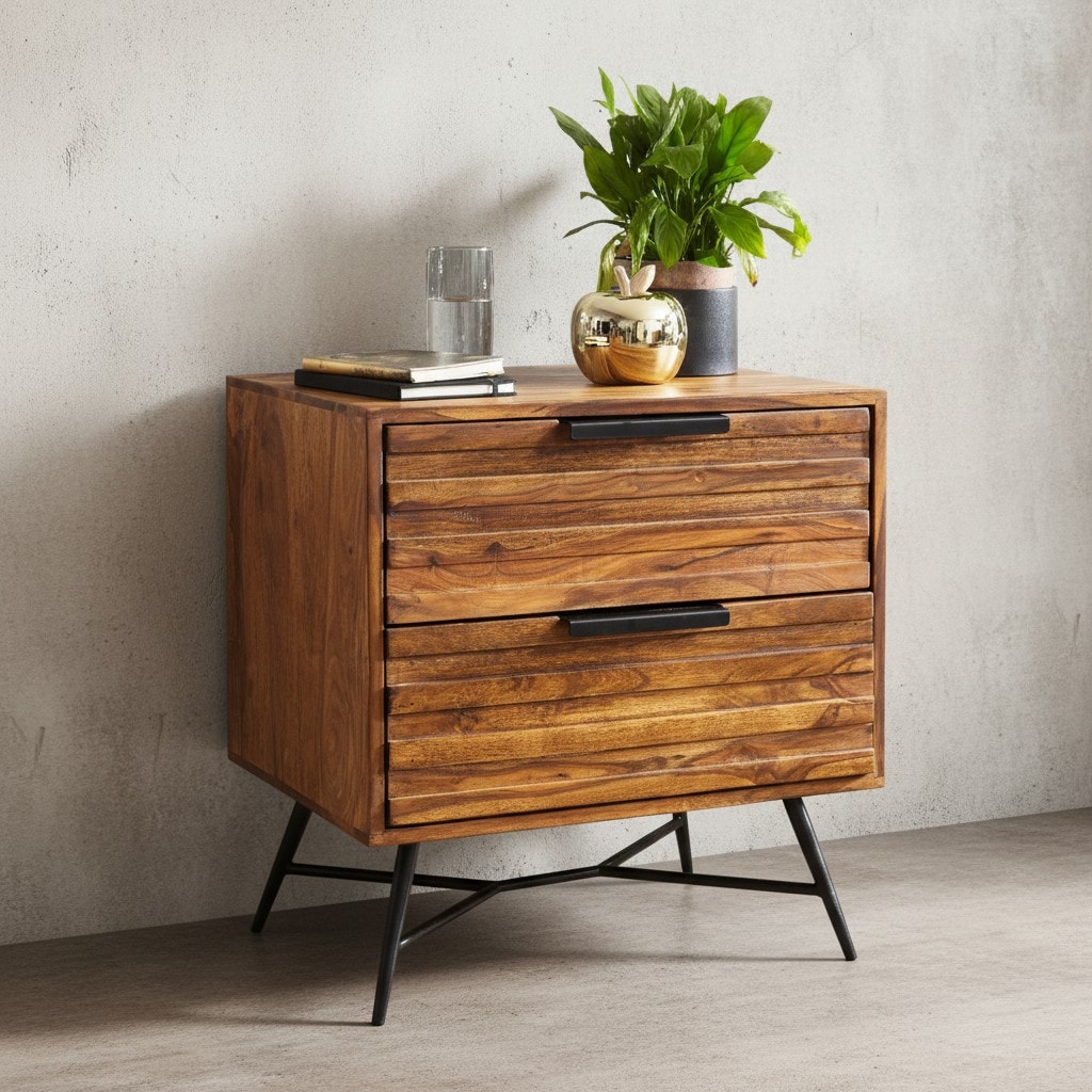 KADIMA DESIGN FORMIO Sheesham Nachttisch, Industrial Look, gro&szlig;e Schubladen, Metallbeine - Bild 1