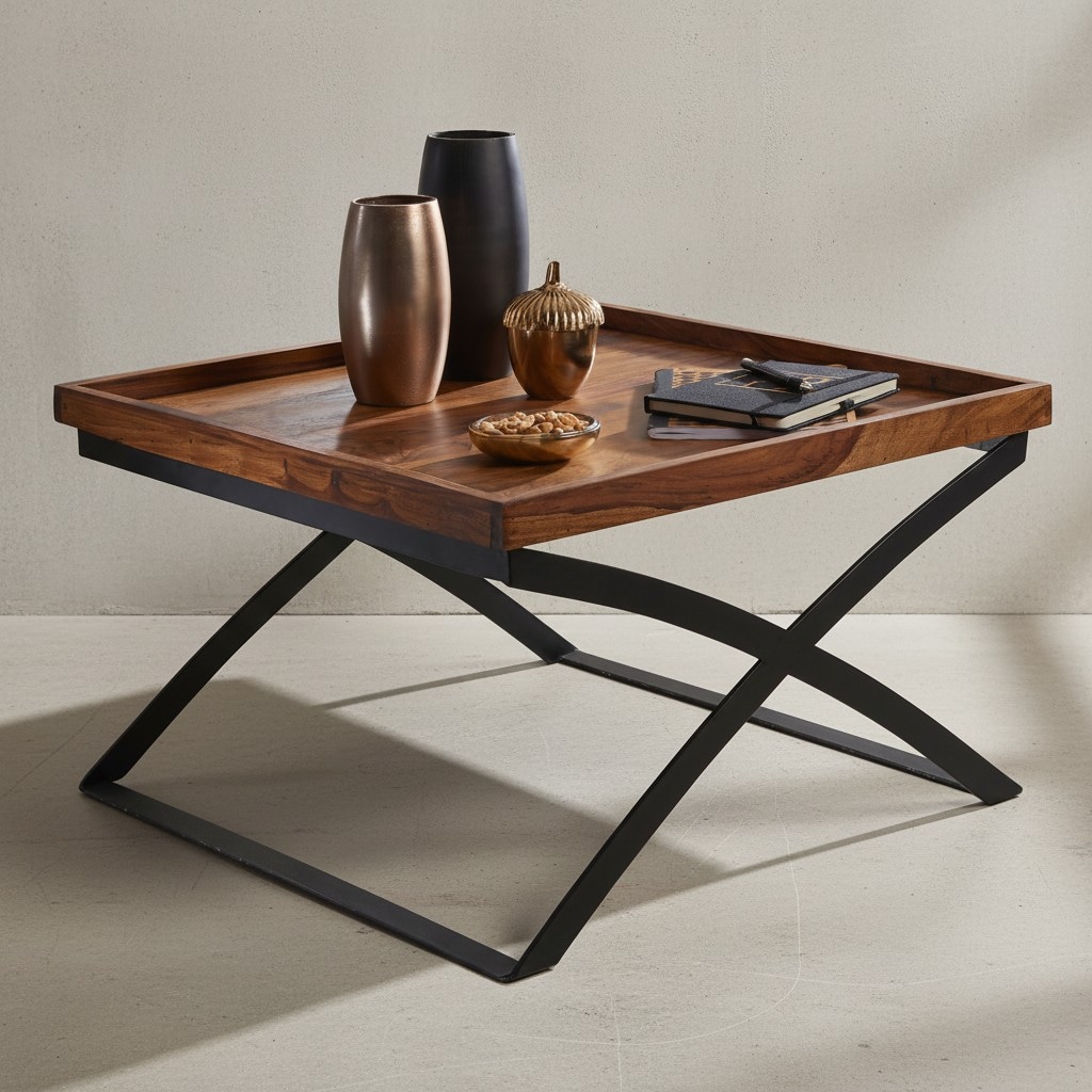 KADIMA DESIGN Quadratischer Couchtisch im Industrial-Stil, Sheesham & Eisen, 63x39x63 cm.