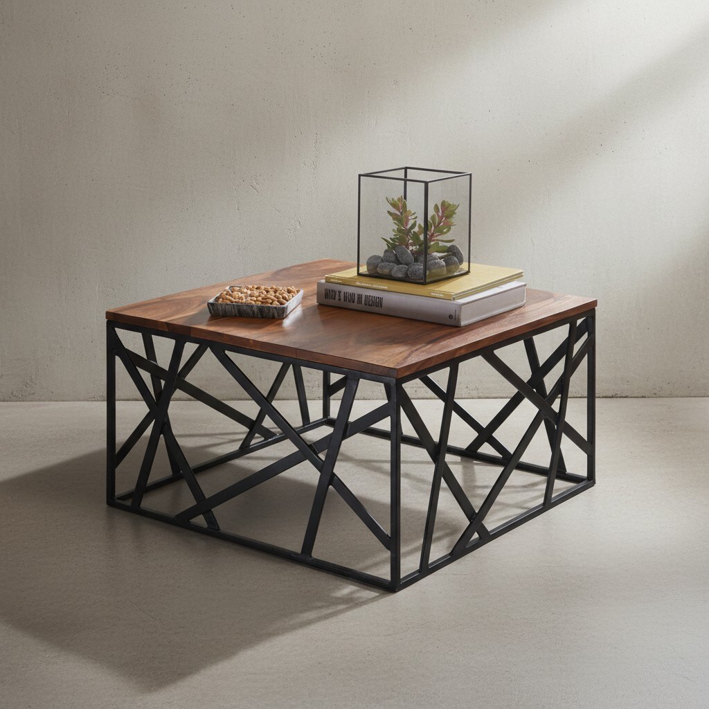 KADIMA DESIGN Industrial-Stil Couchtisch, Sheesham Holz, 60x60 cm, Schwarzes Metallgestell