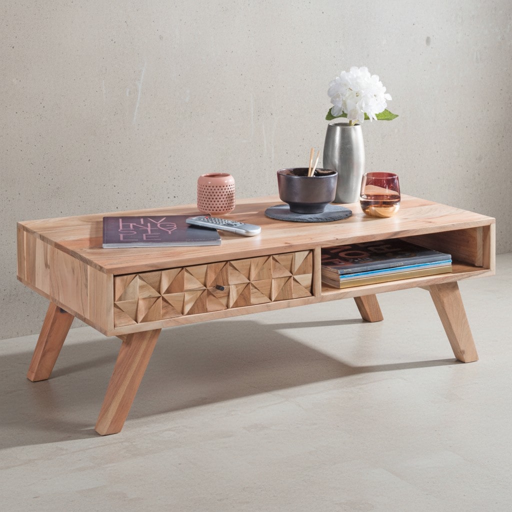 KADIMA DESIGN Moderner Landhaus-Stil Couchtisch, massives Holz, Schublade, Ablagefach, 95x35x50 cm