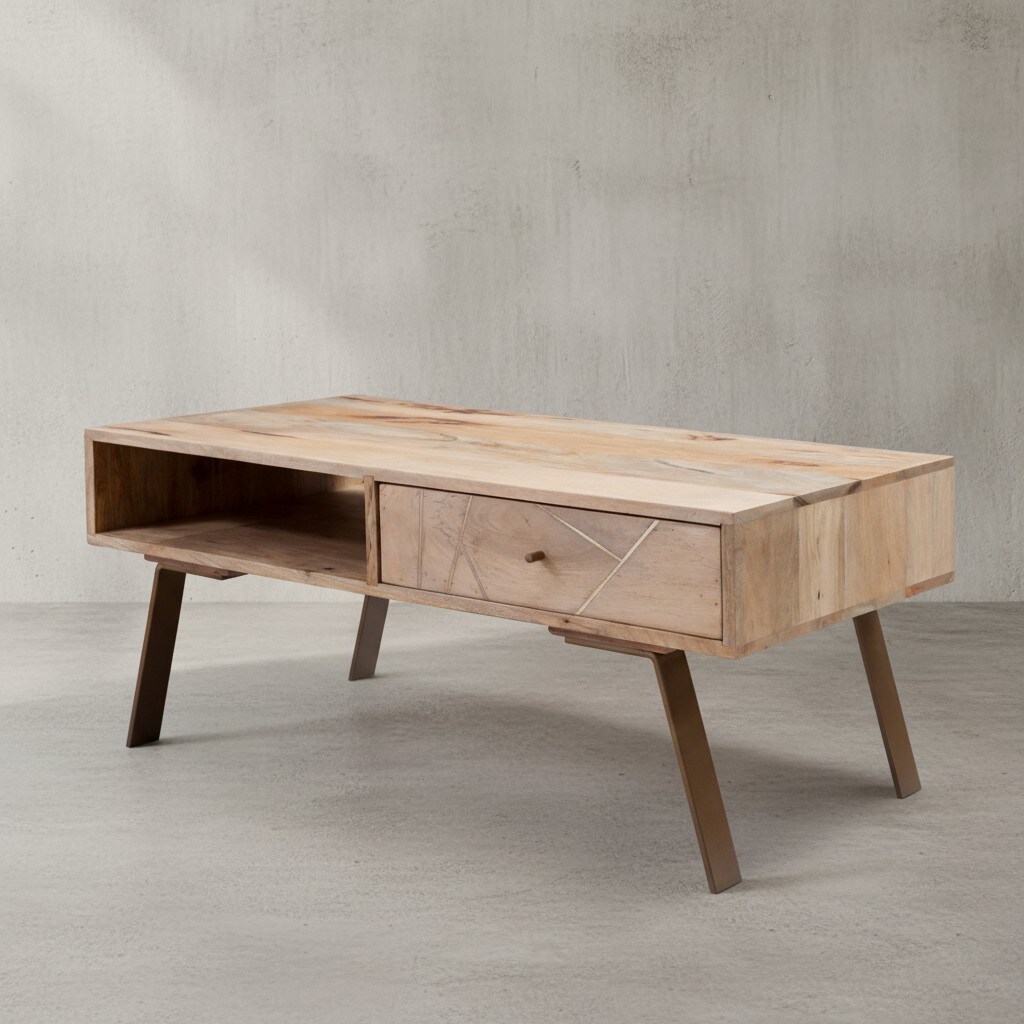 KADIMA DESIGN Couchtisch Garda, Rustikaler Landhausstil, Massivholz-Mango und Metall, 95x42x50 cm.