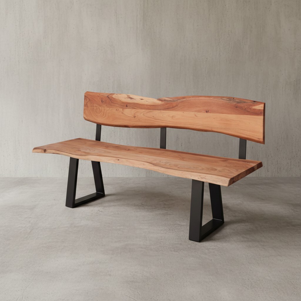 KADIMA DESIGN Esszimmerbank Landhaus-Stil: Baumkantenverzierung, Akazienholz, 160x83,5x60 cm, schwarzes Eisen-Gestell.