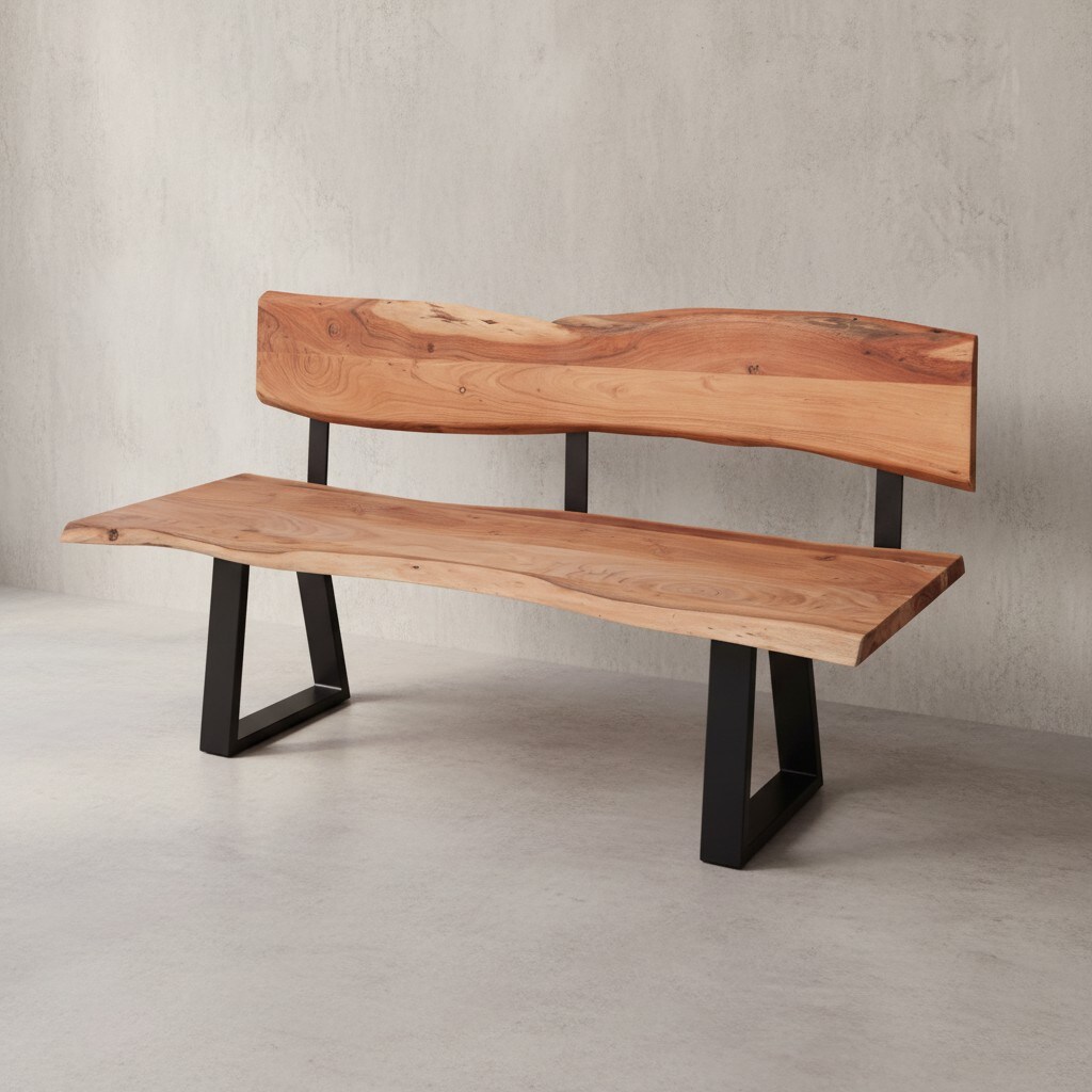 KADIMA DESIGN Esszimmerbank Landhaus-Stil: Baumkantenverzierung, Akazienholz, 180x60x84 cm, schwarzes Eisen-Gestell.