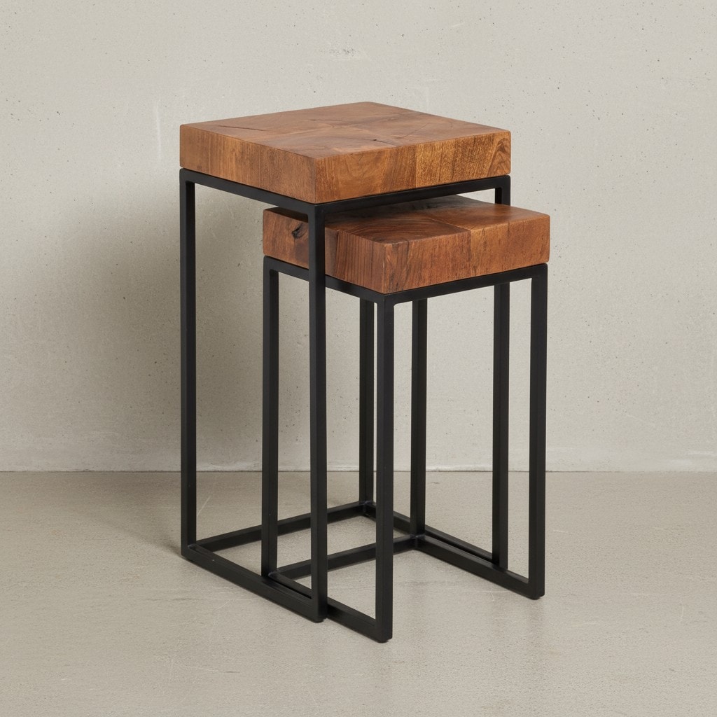 KADIMA DESIGN Industrial Beistelltisch Set, Sheesham Holz und Metall, 2 Größen, Handgefertigt.