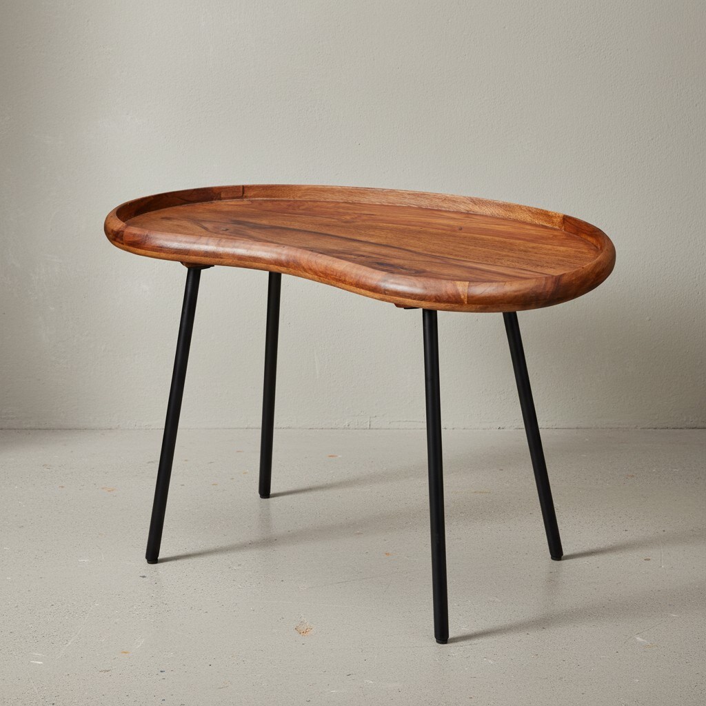 KADIMA DESIGN Retro Couchtisch UMBRIEN: Massivholz und Metallbeine, Nierenform, Sheesham-Holz, Handgefertigt