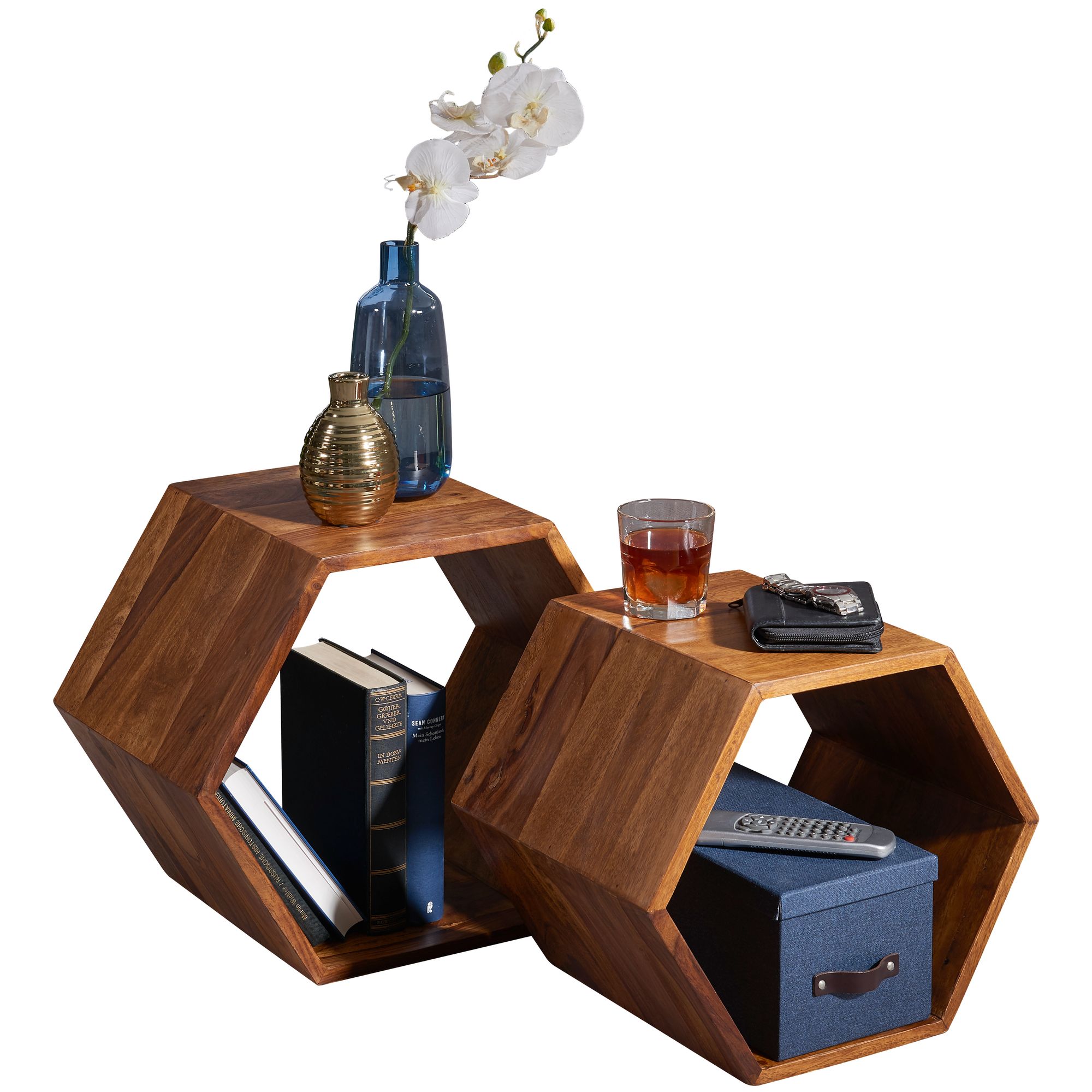 KADIMA DESIGN Sheesham Massivholz Satztisch 2er Set in Wabenform, Braunton, handgefertigt - Bild 1