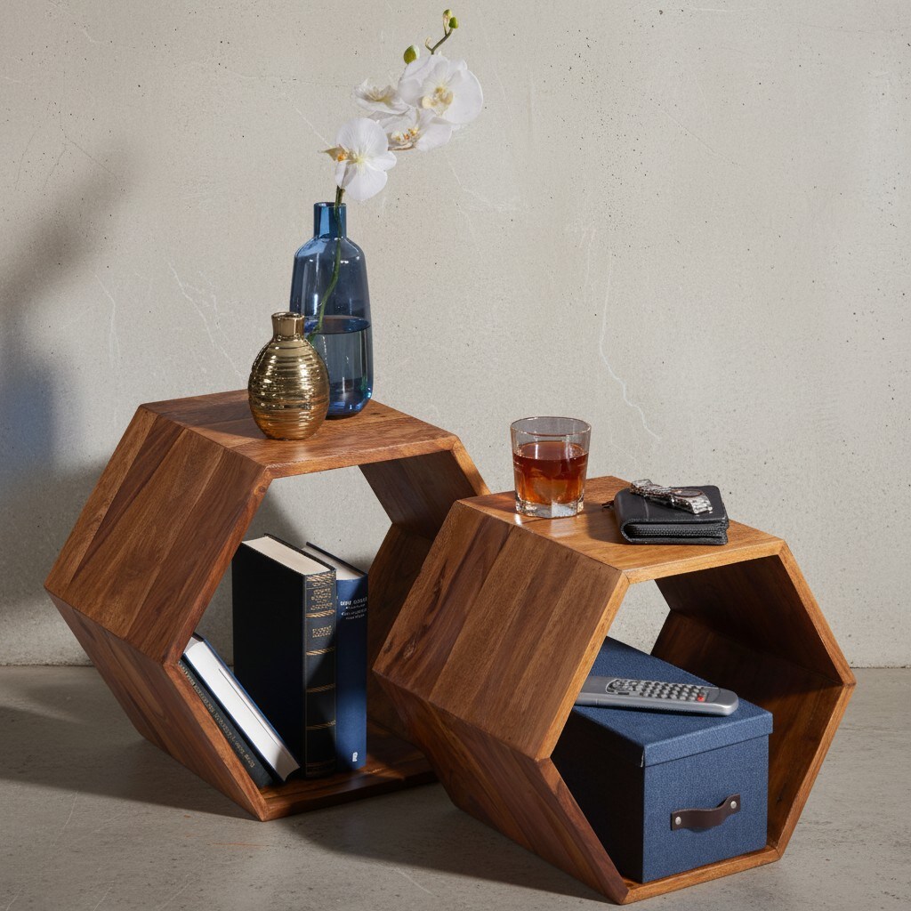 KADIMA DESIGN Sheesham Massivholz Satztisch 2er Set in Wabenform, Braunton, handgefertigt