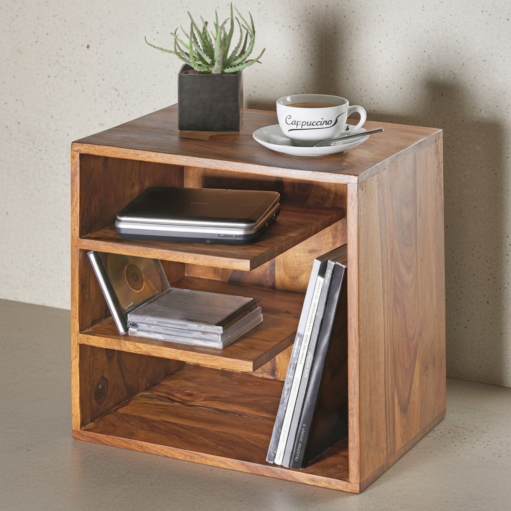 KADIMA DESIGN Stilvoller Beistelltisch aus Sheeshamholz, 3 Ablagefl&auml;chen, individuelle Maserung, 43x43x30 cm. - Bild 1