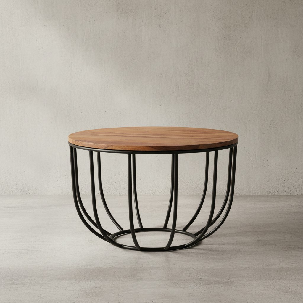 KADIMA DESIGN Industrial Couchtisch aus Sheesham Massivholz, Rustikaler Stil, Metallgestell, Korbdesign.