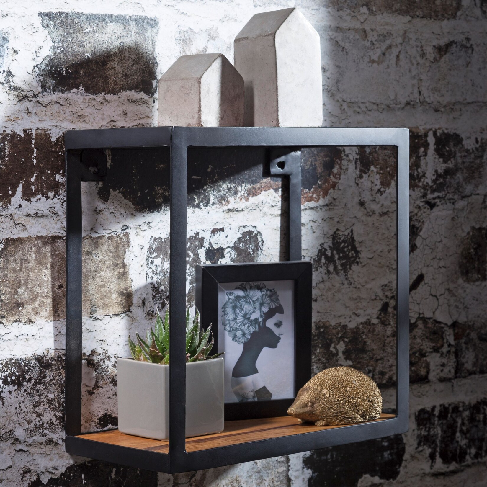 KADIMA DESIGN Deko Wandregal aus Holz und Metall, Modernes rustikales Design, 35x35x18 cm.