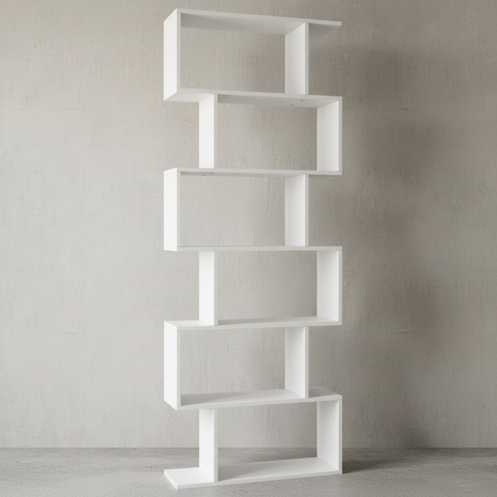 KADIMA DESIGN Modulares Zickzack Bücherregal, Mattweiß, 6 Regalfächer, Anti-Rutsch-Noppen