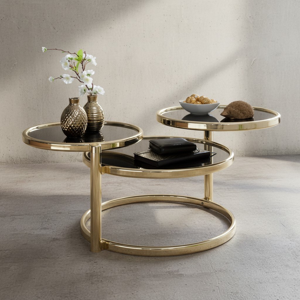 KADIMA DESIGN Runder Glastisch: Schwenkbare Glasplatten, Stahlgestell, 58-139 cm breit, &Oslash; 38-47 cm, spiegelnde schwarze Glasplatten. - Bild 1