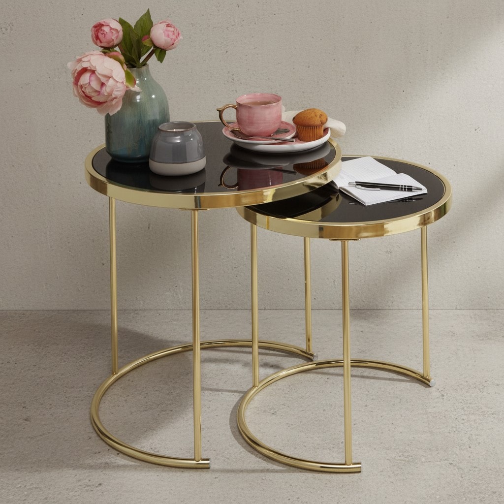KADIMA DESIGN 2er-Set Satztische mit Hochglanz Metallgestell und schwarzem Glas, 50/42 cm - Stilvolles Design mit sicherem Stand