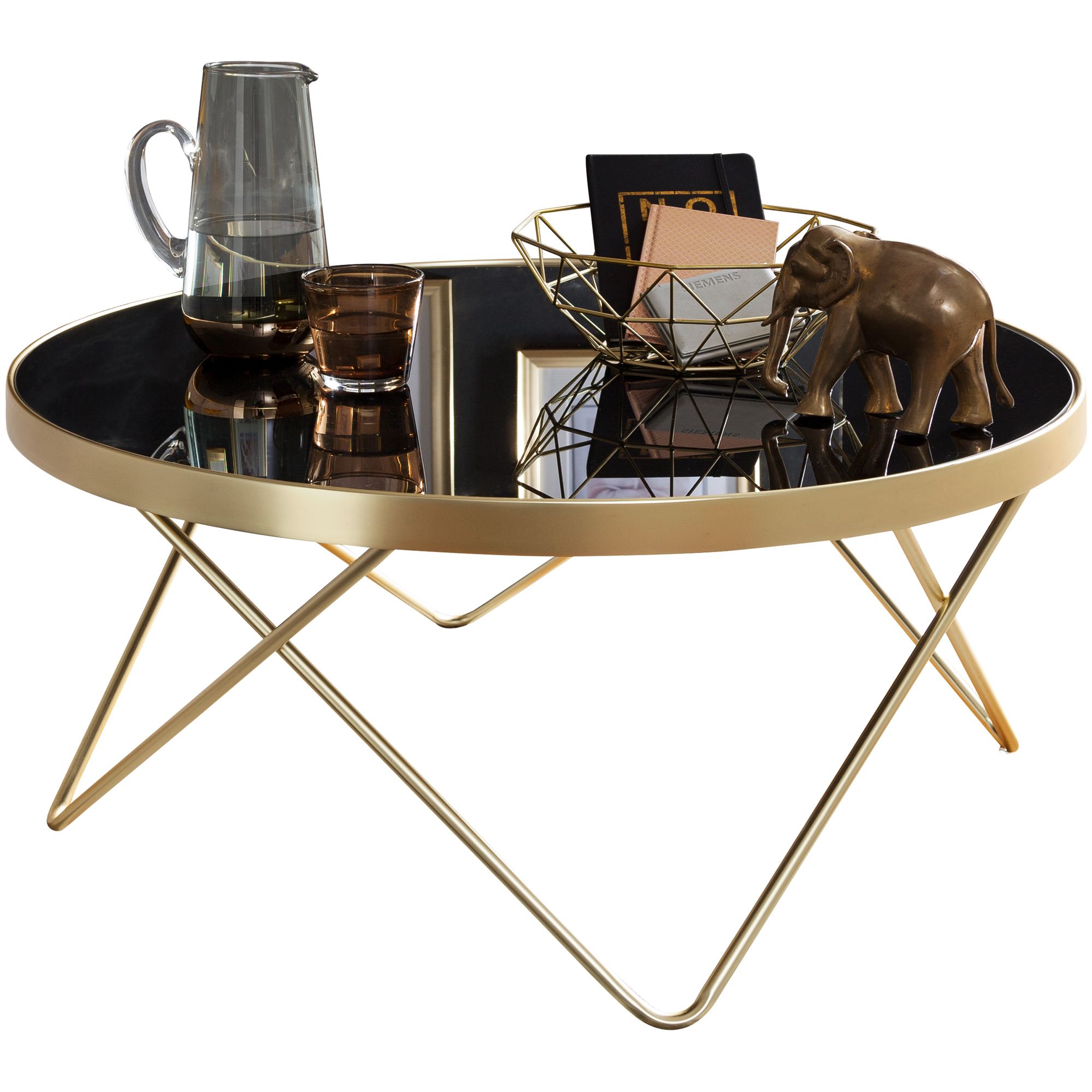 KADIMA DESIGN Beistelltisch "Retro-Charme", schwarze Glasplatte, goldene Beine, 82 cm Durchmesser. - Bild 1