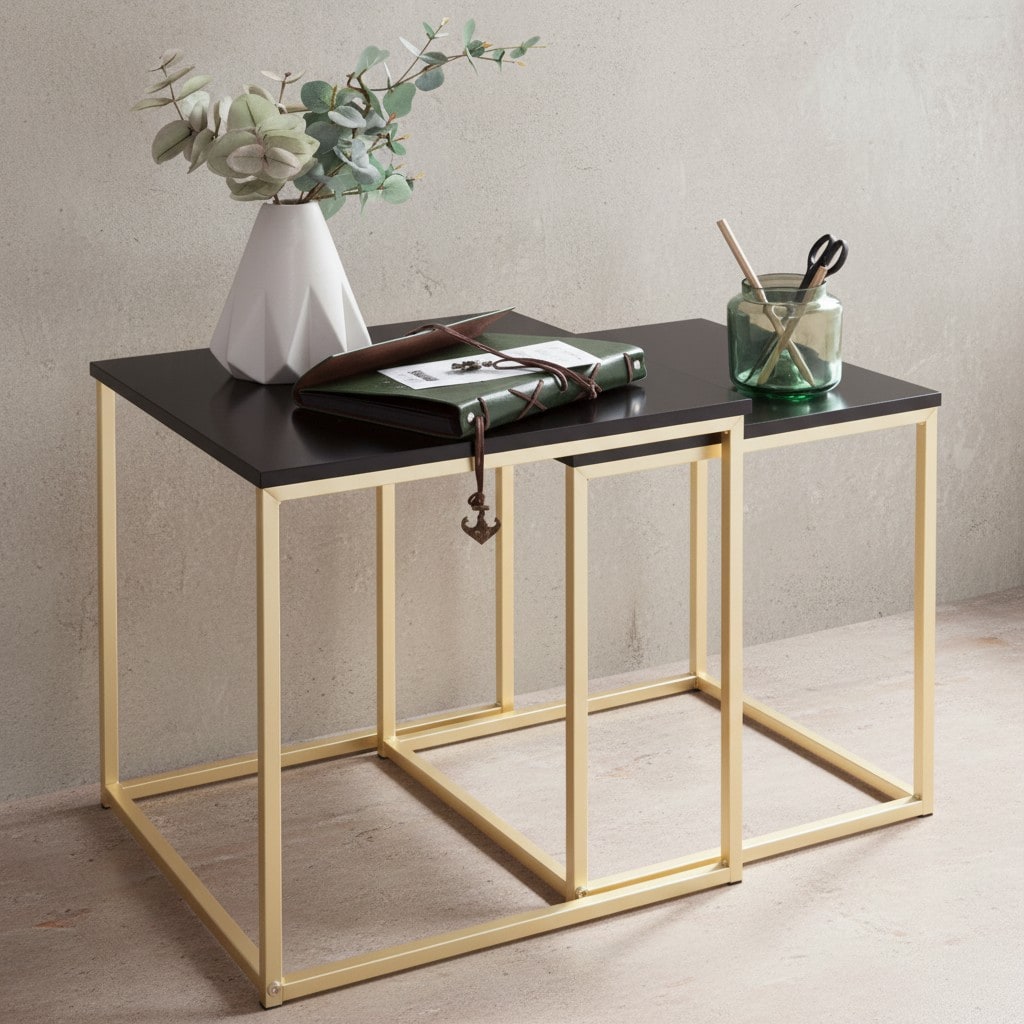 KADIMA DESIGN Couchtisch Set TRONTO: 2 Tische, Gold-Look, Metallgestell, schwarze Glas/MDF-Platte, 40/35x42/39x40/35 cm. - Bild 1