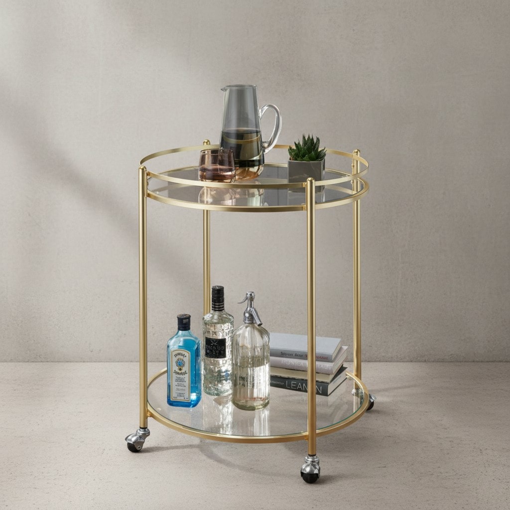 KADIMA DESIGN Goldener Servierwagen, mobiler Beistelltisch, Sicherheitsglas, Mehrzwecknutzung.