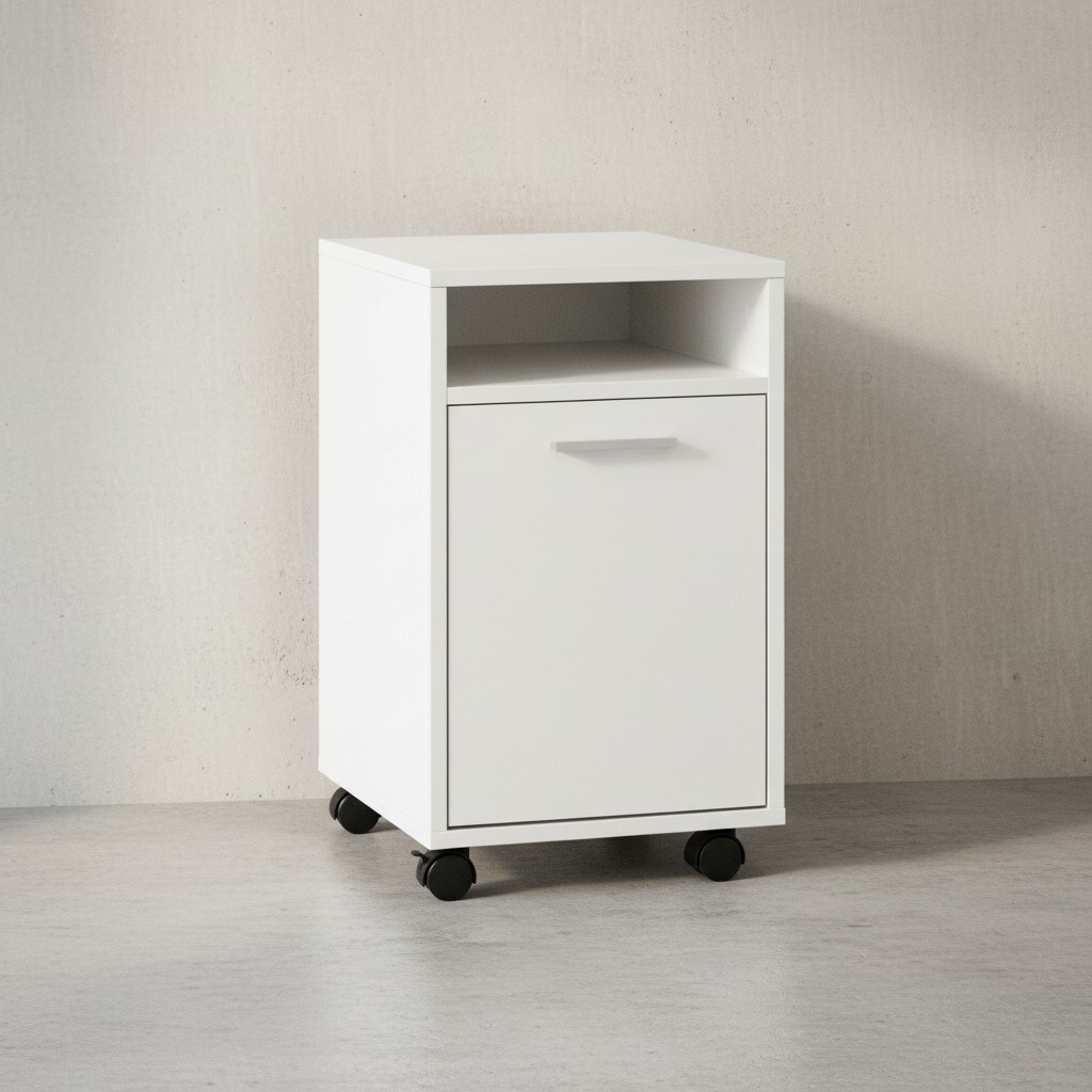 KADIMA DESIGN Rollcontainer OSSOLA: Weiß/Sonoma, 2 Türfächer, Ablagefach, Rollen mit Bremsen, Melaminharz-Beschichtung, einfacher Aufbau.