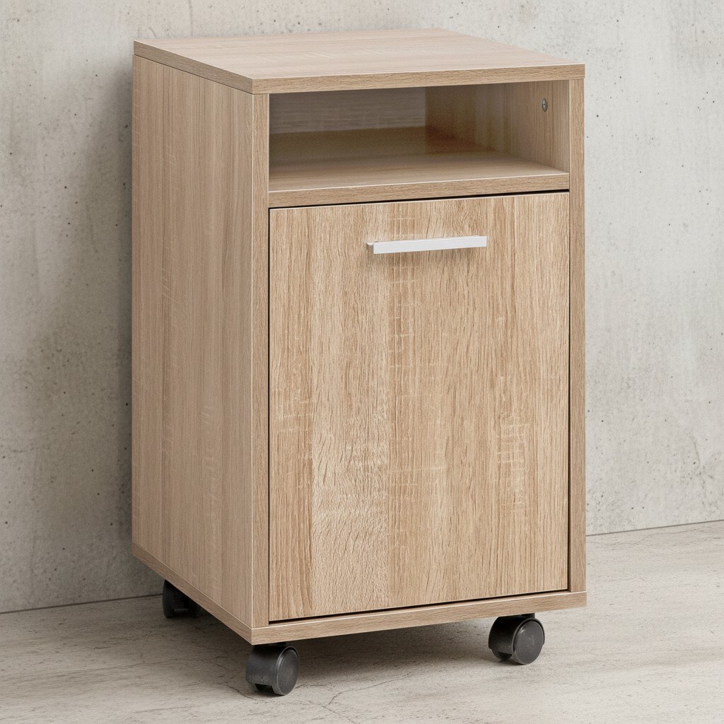 KADIMA DESIGN Rollcontainer OSSOLA: Weiß/Sonoma, 2 Türfächer, Ablagefach, Rollen mit Bremsen, Melaminharz-Beschichtung, einfacher Aufbau.