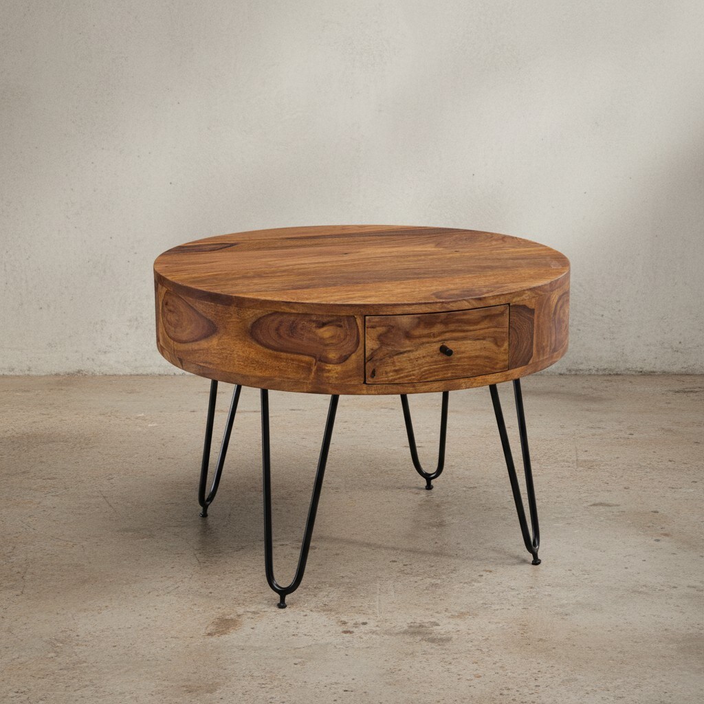 KADIMA DESIGN Couchtisch aus Sheesham-Massivholz mit Schubladen und schwarzen Metallbeinen, Handgefertigt - Bild 1