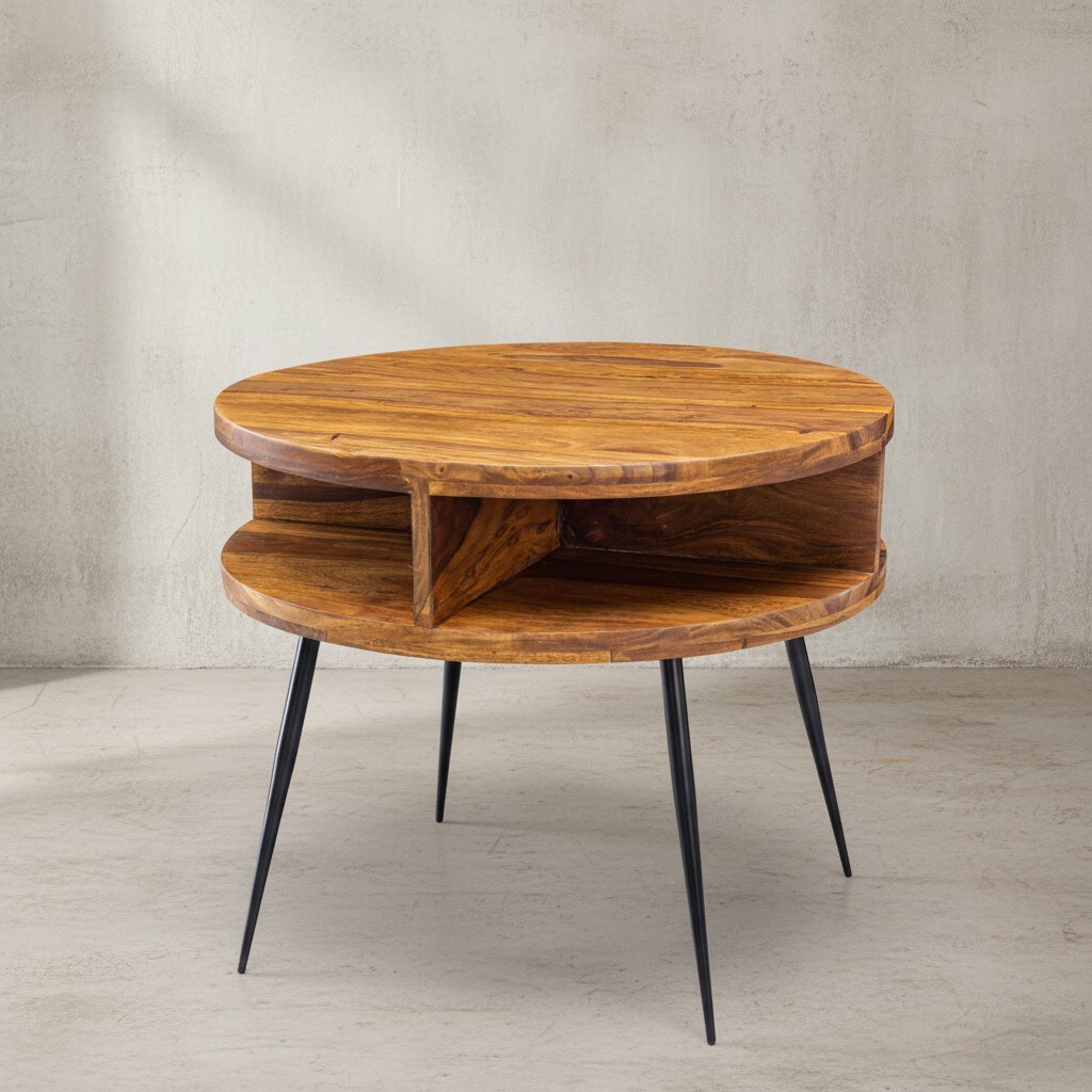 KADIMA DESIGN Massivholz sheesham Couchtisch, rund, 4 Ablagefächer, schwarzes Metallgestell.