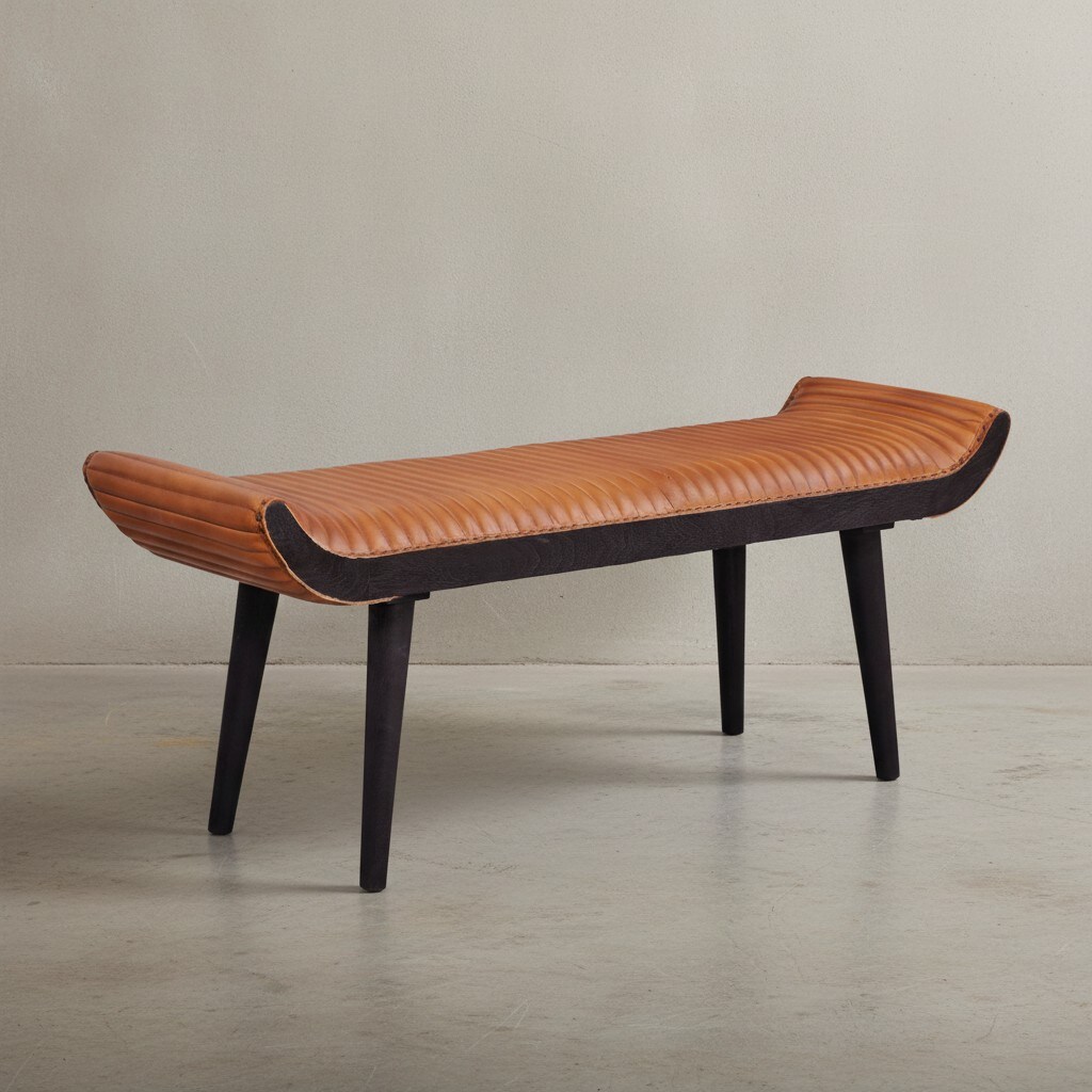 KADIMA DESIGN Moderne Ledersitzbank, Nietenrand und Massivholzbeine, Echtleder, 125x51x38 cm.