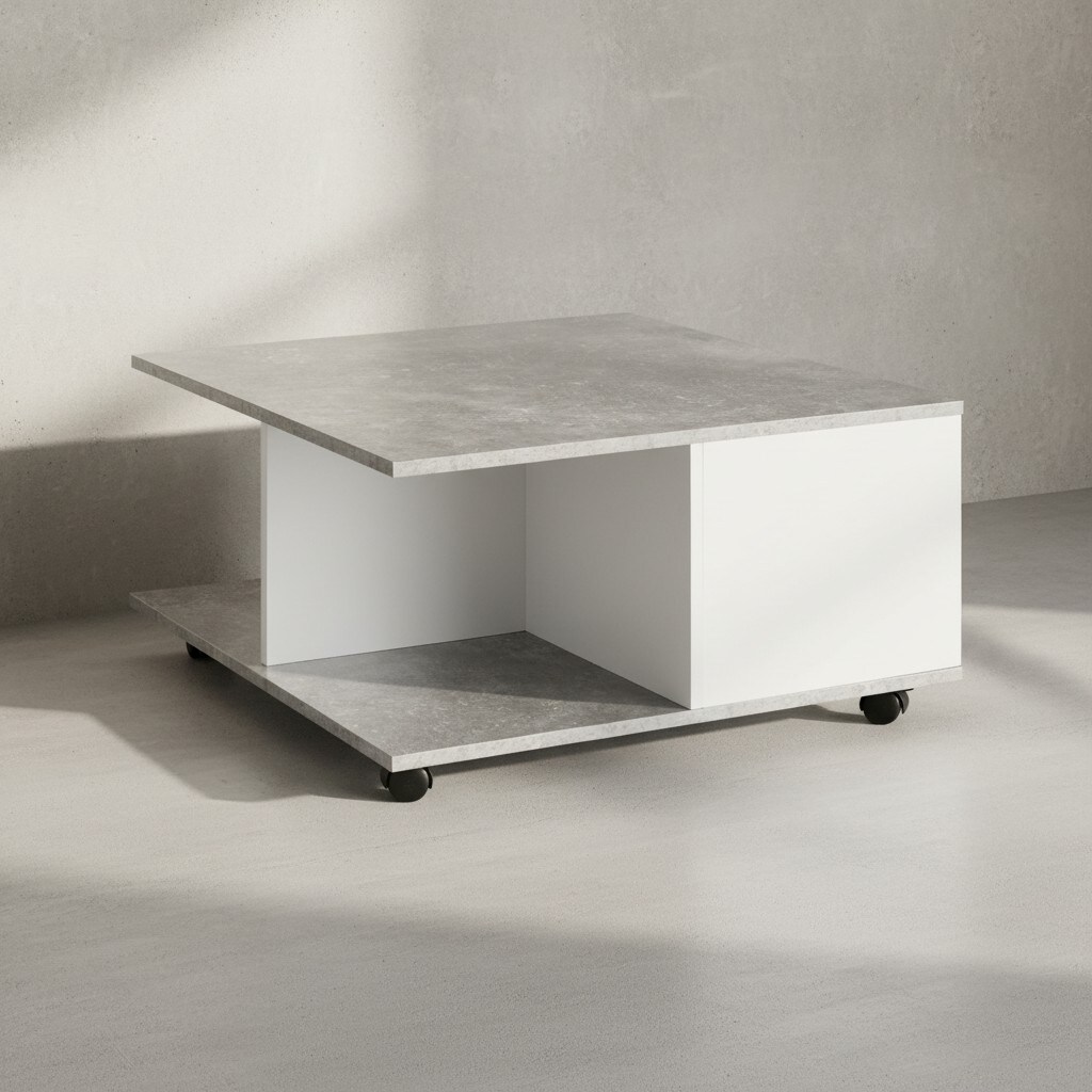 KADIMA DESIGN Couchtisch RAPIDO: 70x70x36,5 cm, 2 Schubladen, Rollen, Melaminharzbeschichtung, Weiß/Anthrazit.