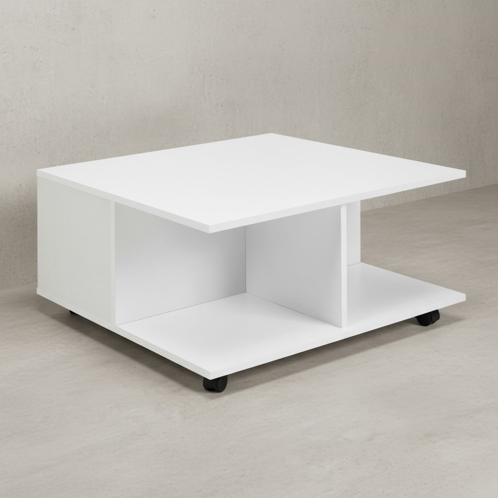 KADIMA DESIGN Couchtisch RAPIDO: 70x70x36,5 cm, 2 Schubladen, Rollen, Melaminharzbeschichtung, Weiß/Anthrazit.