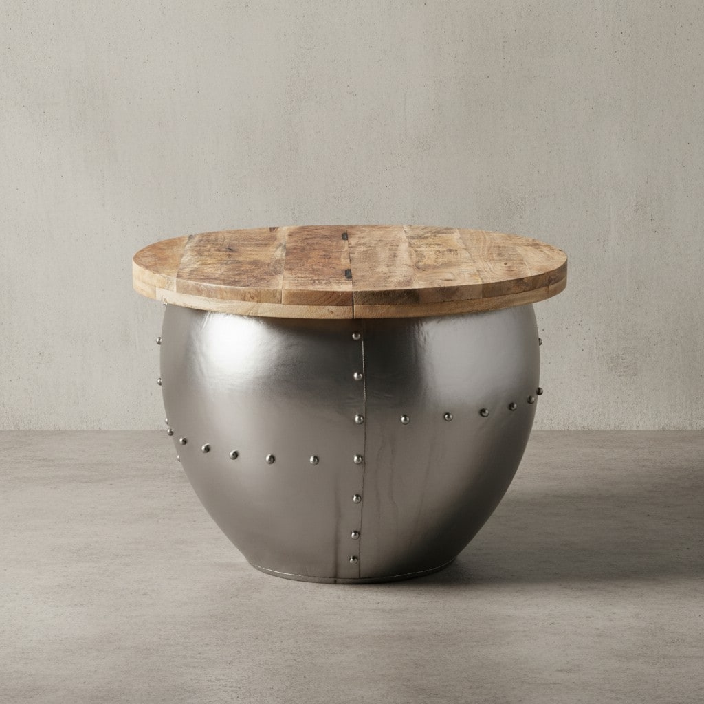 KADIMA DESIGN Couchtisch SERCHIO, rund, Industrial-Stil, Massivholz/Metall, Stauraum - Bild 1