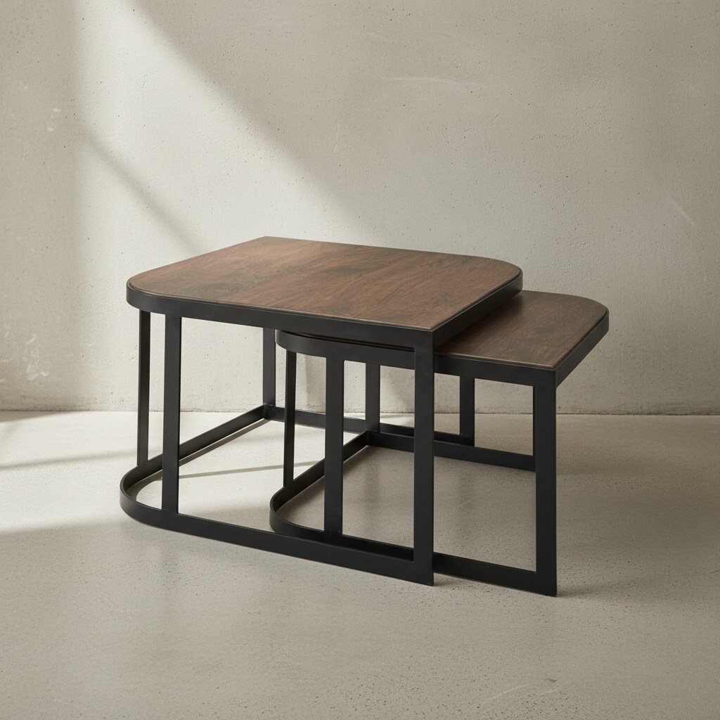 KADIMA DESIGN Massivholz Beistelltische TIMAVO: Industrielles Set, 60x40x60 cm & 50x35x50 cm, Mango-Massivholz, Eisen, abgerundete Ecken.