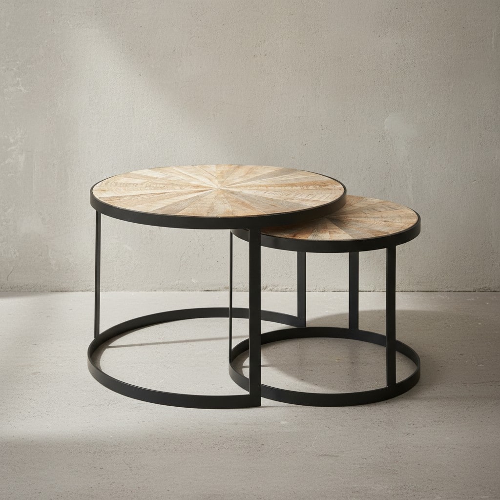 KADIMA DESIGN Couchtisch-Set ESINO: Industrie-Stil, 2 Größen, massives Holz und Metall, platzsparend, handgefertigt.