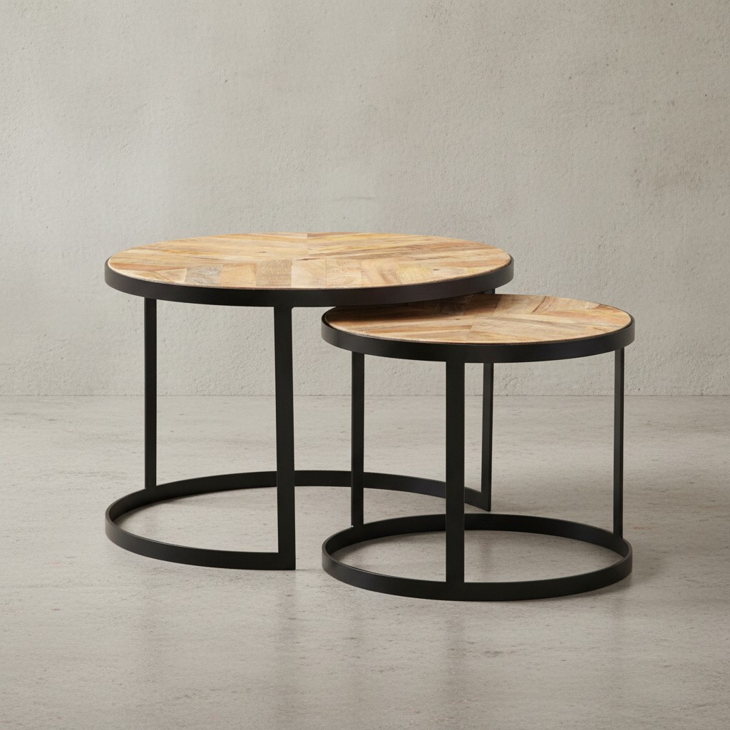 KADIMA DESIGN Couchtisch-Set ESINO: Industrie-Stil, 2 Größen, massives Holz und Metall, platzsparend, handgefertigt.