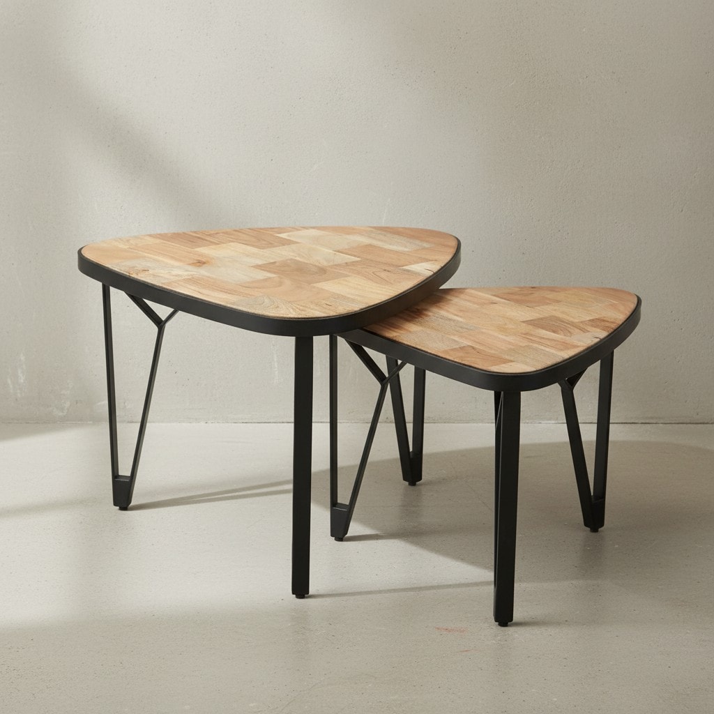 KADIMA DESIGN Massivholz-Metall Couchtisch Set, Industrie-Design, Platzsparend - Bild 1