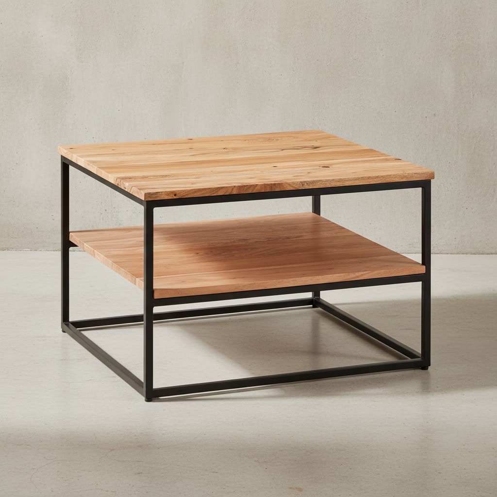 KADIMA DESIGN Industrial Couchtisch aus Akazienholz und Metallbeinen, Platzsparendes Design, Handgefertigt, Zwei Ablagefl&auml;chen - Bild 1