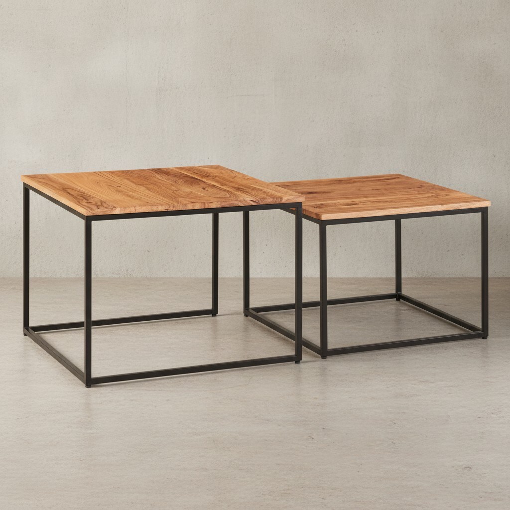 KADIMA DESIGN Industrie-Stil Wohnzimmertisch 2er Set, Holz & Metall, Quadratisch