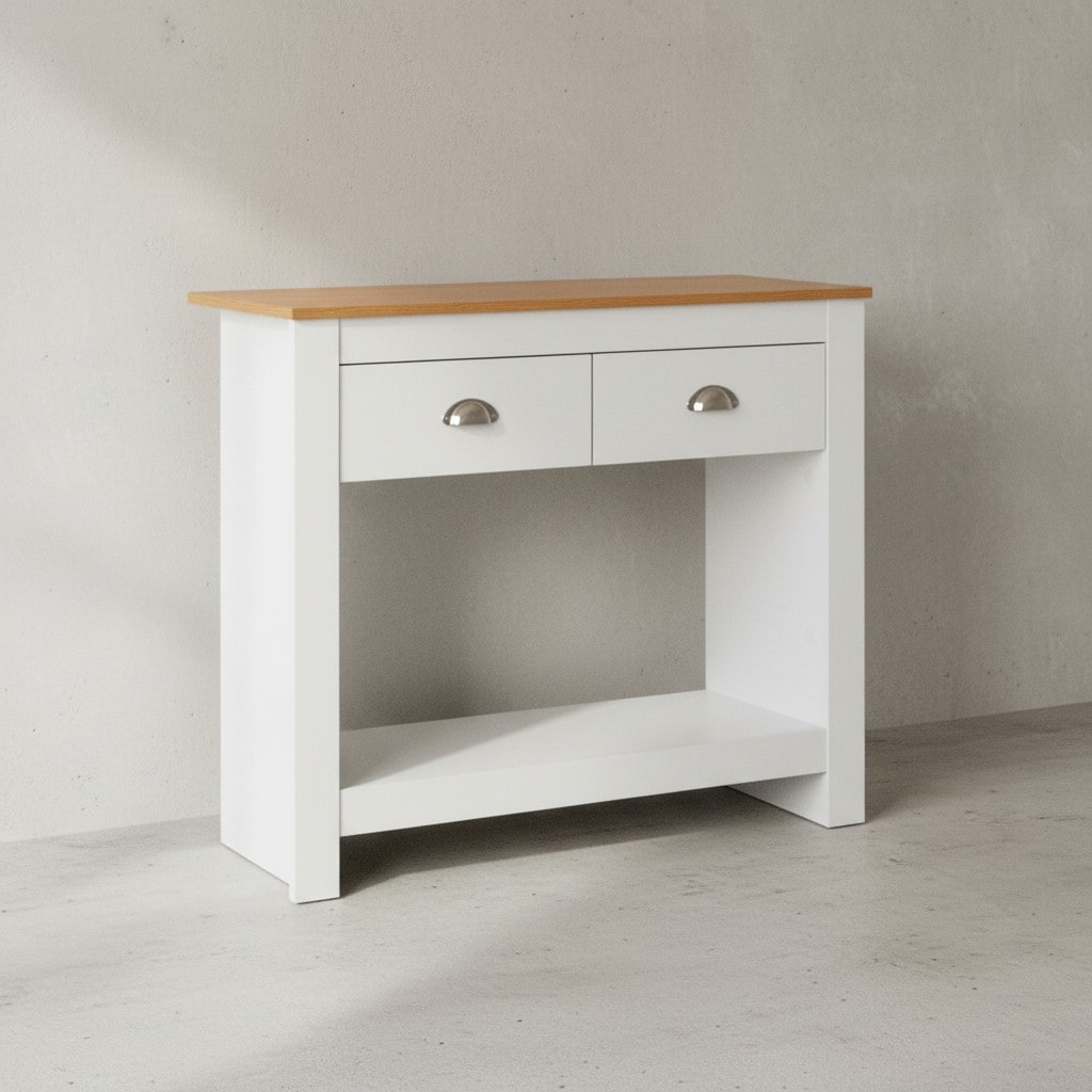 KADIMA DESIGN Konsolentisch Eiche-Weiß, 2 Schubladen, Offenes Fach, Melaminharzbeschichtung