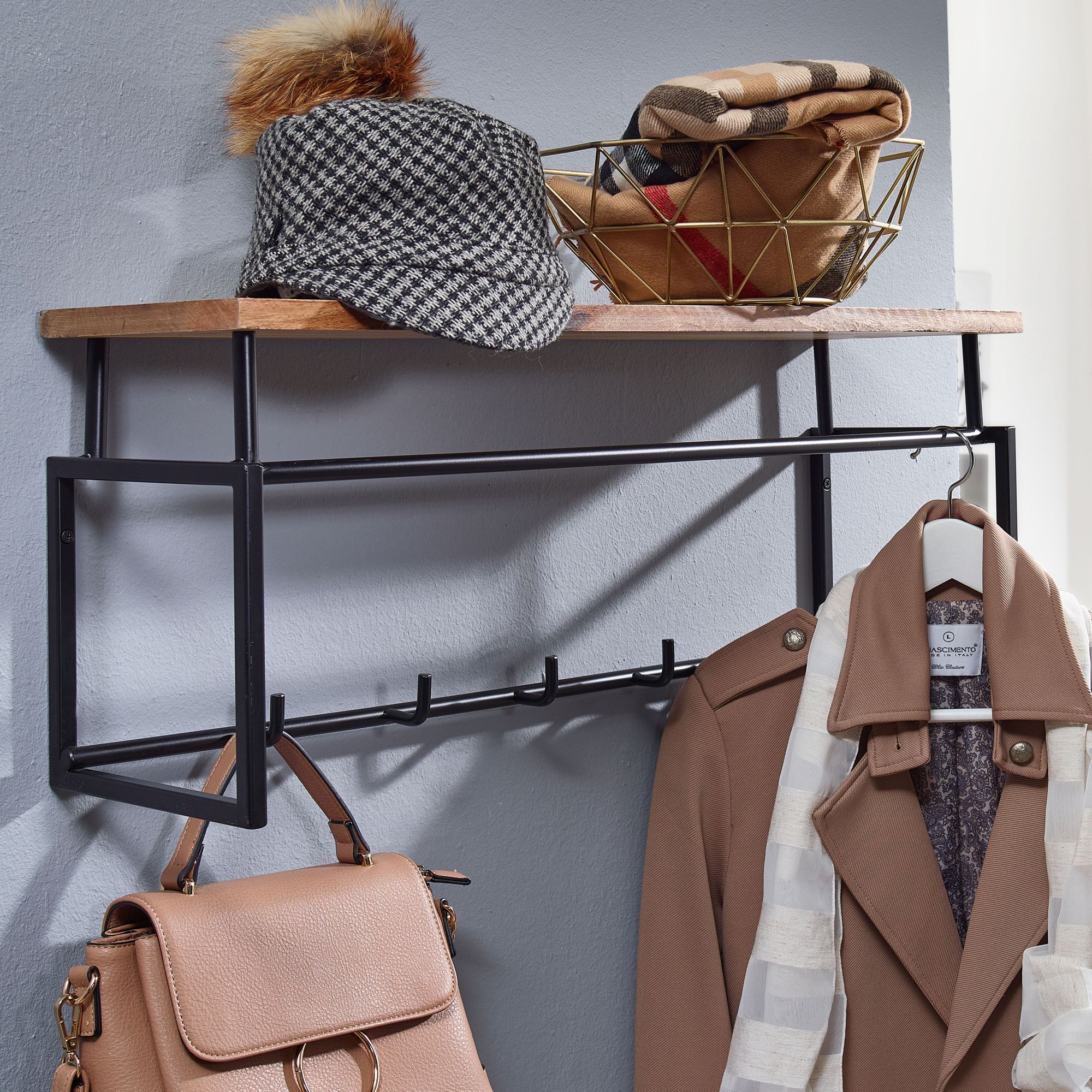 KADIMA DESIGN Wandgarderobe aus Mango Massivholz und Metall, Stilvolle L&ouml;sung f&uuml;r den Eingangsbereich - Bild 1